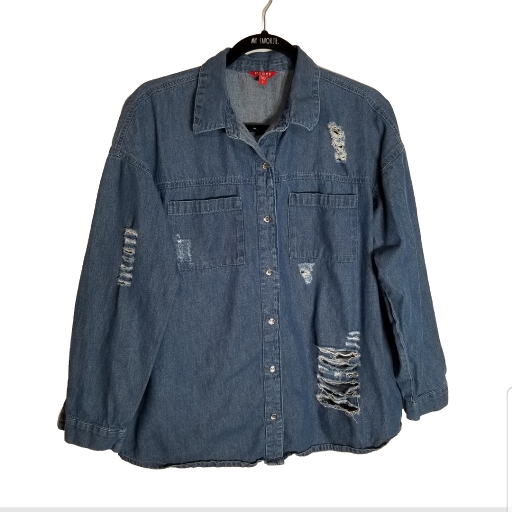 Guess Shirt Women's Small Blue Denim Chambray Distressed Button Up 100% Cotton